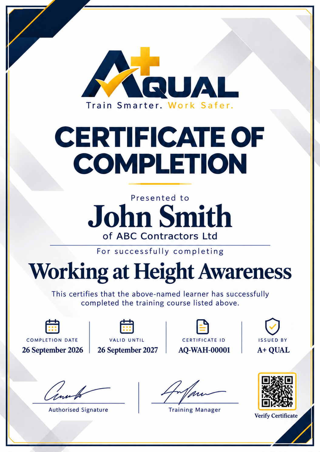 Example A+ QUAL certificate for John Smith of ABC Contractors Ltd
